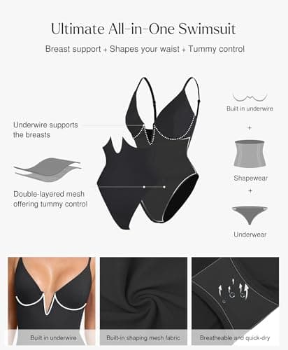 Popilush Bathing Suits for Women Tummy Control Shapewear One Piece Underwire Swimsuits Black Deep V Neck Swimsuit Summer Beach Pool Vacation - Thumbnail 3