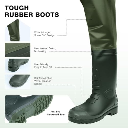 Lekesky Fly Fishing Chest Waders with Boots for Men Women, US Sizes 5–14,2-Ply Nylon/Pvc Waterproof Waders(Green,M12) - Thumbnail 3