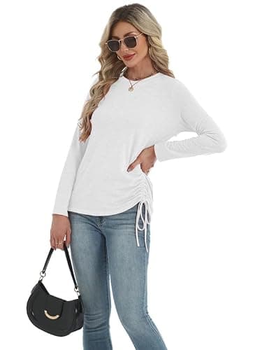 AIZHINENG Womens Long Sleeve Shirts Crewneck Tops Casual Fall Spring Trendy T-Shirts Outfits Clothes 2025 White - Thumbnail 2