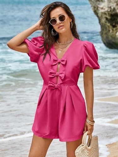 Cicy Bell Womens Cute Rompers Bow Front Puff Sleeve V Neck Short Jumpsuits Sexy Summer Outfits with Pockets - Thumbnail 5