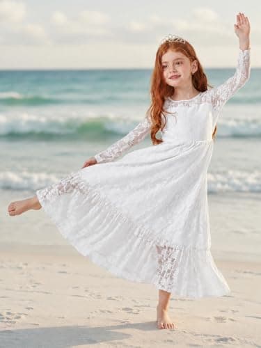 ALLOVIN Toddler & Girls Long Sleeve Lace Flower Girl Dress Maxi Boho A-Line Dress for Wedding Baptism 1st Communion | White | 3-4T - Thumbnail 5