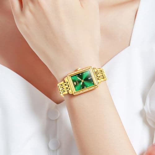 OLEVS Watch Women Gold Watches for Women Rectangle Green Face Waterproof Stainless Steel Small Wrist Womens Watch Dainty Elegant Analog Quartz Ladies Watches Reloj para Mujer - Thumbnail 3
