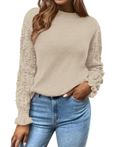 BTFBM Fall Sweaters for Women 2026 Crew Neck Long Sleeve Hollow Out Swiss Dot Knit Casual Pullover Tops Fashion Clothing(Apricot, XX-Large) - Image 1