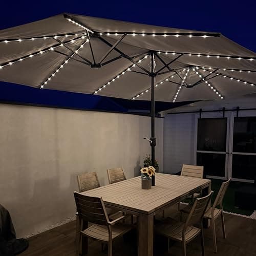 PURPLE LEAF 15ft Patio Market Umbrella with Solar LED and Base Double-Sided Rectangle Outdoor Table Sun Umbrellas with Crank for Pool Beach Deck Backyard Cream