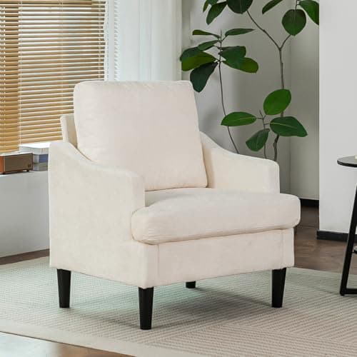 XYPFURN Accent Chair for Living Room, Mid Century Modern Reading Chair with Side Storage Pocket, Comfy Upholstered Armchair with Solid Wood Legs for Bedroom, Office, Waiting Room (Ivory) - Image 1
