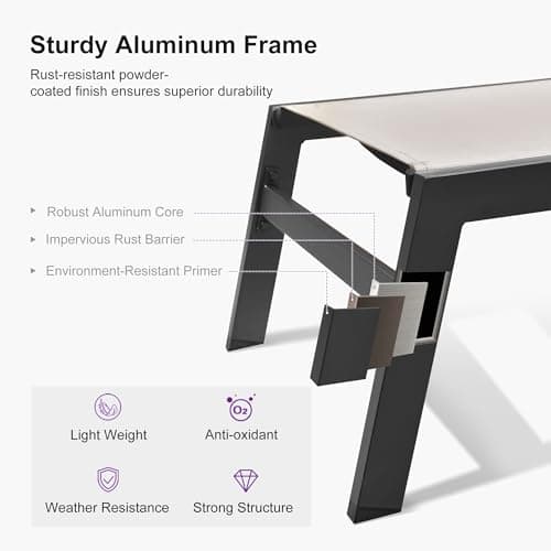 PURPLE LEAF Outdoor Oversized Lounge Chair Set of 3 Patio Chaise Pool Lounger Aluminum Frame with Side Table and Wheels for Outside Sunbathing Tanning Recliner Including Pillows Beige - Thumbnail 6