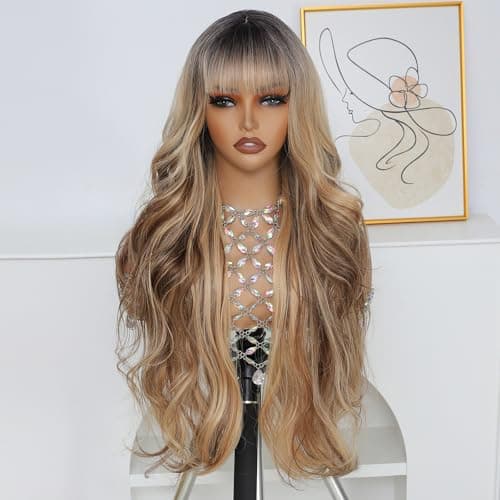 Barbique Long Wavy Wig with Bangs for Women, Heat Resistant Synthetic Hair, Ombre Highlight Blonde Curly Wig for Daily Party Cosplay Use - Image 1
