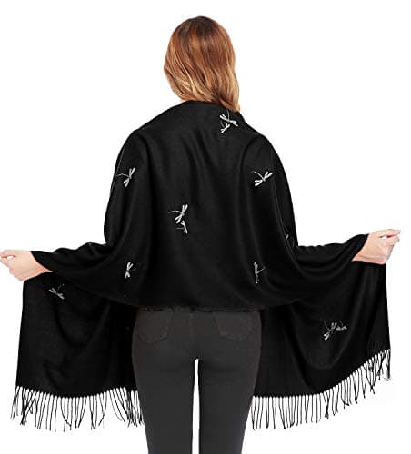 Bienvenu Dragonfly Detail Large Women Soft Cashmere Wool Wraps Shawls Stole Scarf,Black - Thumbnail 4