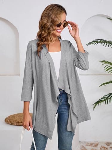 DEARCASE 3/4 Sleeve Open Front Draped Kimono Cardigan Sweater for Women Plain Light Gray XL-Large Lightweight Flowy Ladies Cover Up Trendy Shrug Thin Crop Duster Summer Fall Shawl Cardigans Jackets - Thumbnail 6