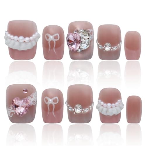 Handmade Nails Press On Nails Pink Short Square Nails Women Gift Ideas 3D Nailphoria Press Ons Nails For Women COOLYOUNG Artificial Nails, 15 PCS, Size L - Image 1