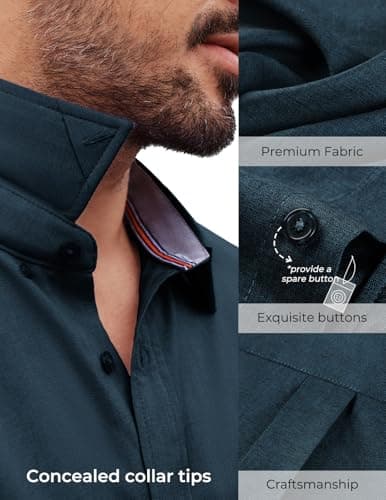 PJ PAUL JONES Mens Formal Shirts Regular Fit Dress Shirts Short Sleeve Business Casual Button Up Shirt Denim Blue XL - Thumbnail 3