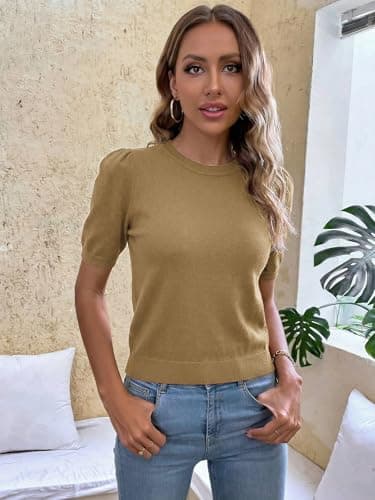 LaGracia Womens Cropped Sweater Puff Short Sleeve Spring Summer Work Tops Crew Neck Sweaters Khaki 2XL - Thumbnail 6
