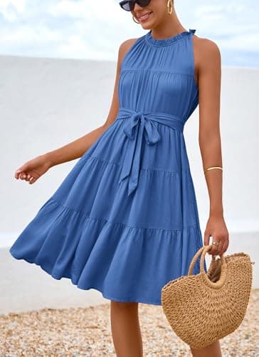 Okiwam Womens Summer Halter Dresses Sleeveless A Line Tiered Swing Mini 2025 Fall Casual Boho Beach Vacation Sundress-M Sky Blue - Thumbnail 5