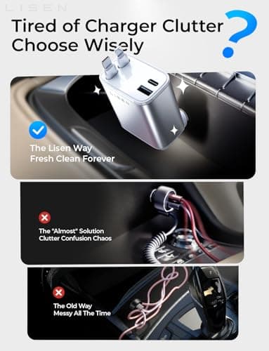 LISEN Retractable Car Charger for iPhone, for iPhone 17 Pro Max 16 15 14 13 12 Plus Mini, Cute 4 in 1 Retractable USB C Car Charger Fast Chareg for Women Men, 84W Fast Charging Car Accessorie - Thumbnail 3