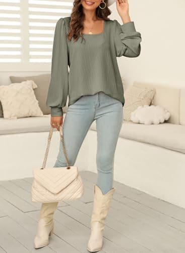 Dokotoo Womens Shirts Fall Casual Long Sleeve Square Neck Solid Pullover Ladies Waffle Striped Knitted Sweatshirt Womens Clothes Autumn Winter Tunic Blouses Green Large - Thumbnail 5