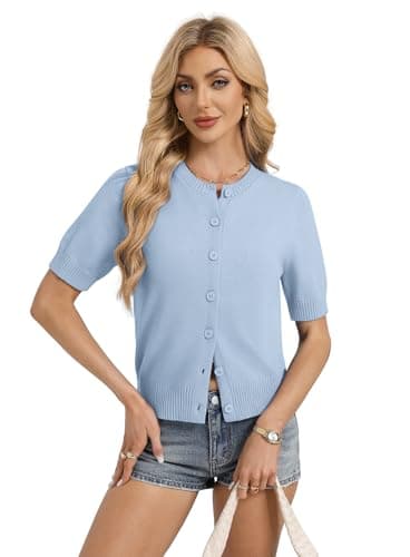 GRACE KARIN Short Sleeve Cardigans for Women Blue Summer Cardigan Casual Crew Neck Button Down Sweater Top(Light Blue,Medium) - Thumbnail 2