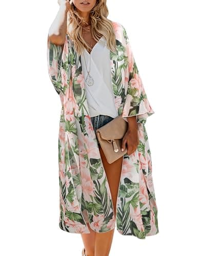 MayBuy Beach Cover Ups for Women Kimonos Boho Swimsuit Chiffon Coverups Long Flowy Swimwear Cardigan Summer Open Front Cover Up (01 White/Leaf, L) - Image 1