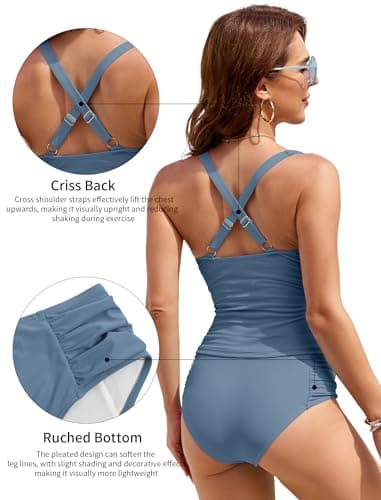 ZAFUL Tankini Swimsuits for Women Tummy Control Bathing Suits Two Piece Swimwear with Ruched Shorts Blue L - Thumbnail 5