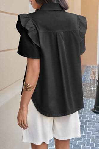 Cicy Bell Womens Ruffle Button Down Shirts Dressy Casual Short Puff Sleeve Cotton Tops Summer Loose Fit V Neck Blouses Black - Thumbnail 4