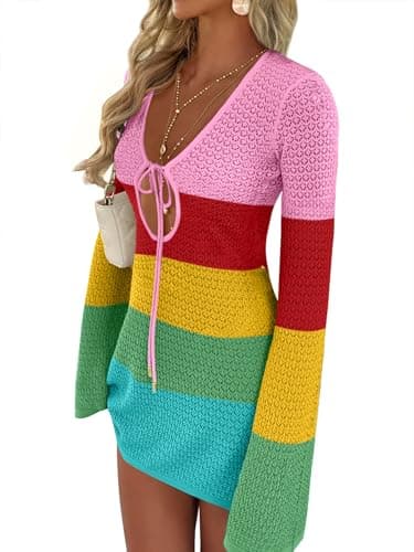 ANRABESS Women’s Crochet Swimsuit Cover Up, V Neck Mesh Knit Beach Dress, Long Sleeve Summer Vacation Beachwear Small Rainbow Stripe - Image 1