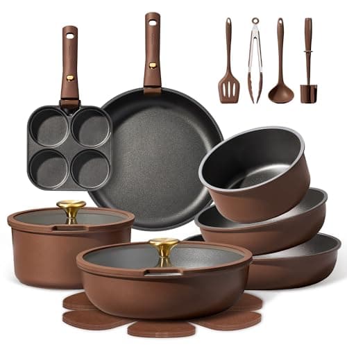 CAROTE 21pcs Pots and Pans Set, Nonstick Cookware Set Detachable Handle, Induction Kitchen Cookware Sets Non Stick with Removable Handle, RV Cookware Set, Oven Safe, Brown - Image 1