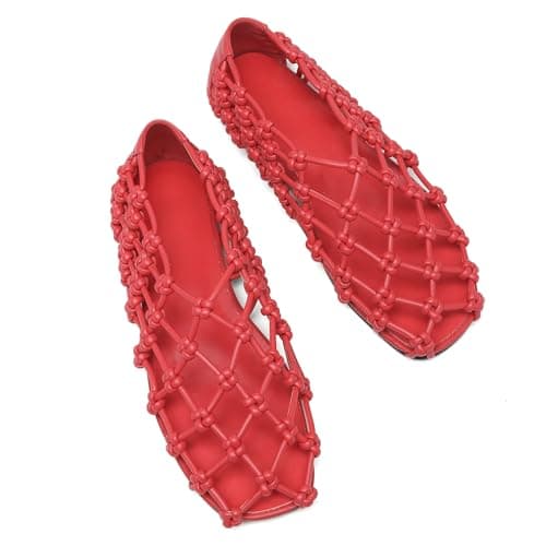 Red Jelly Mesh Ballet Flats for Women Woven Hollow Beach Ballerina Flats Comfortable Casual Slip on Mary Jane Flats - Thumbnail 4