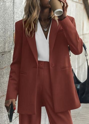 KIRUNDO Women Suits 2 Piece Set Business Casual Dressy Oversized Blazer Jacket and Wide Leg Dress Pantsuits Formal Outfits(Brown Red, XX-Large) - Thumbnail 3