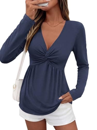 BTFBM Babydoll Tops for Women 2026 Fall Fashion Twist Front V Neck Flowy Long Sleeve Blouses Dressy Casual Peplum Tops(Navy Blue, X-Large) - Image 1