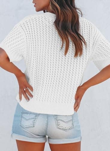 Dokotoo Womens Tops Dressy Casual Fashion 2025 Summer Comfy Short Sleeve Sexy V Neck Tunic Tops Blouses Solid Color Pullover Sweaters for Women Lightweight Baggy Hollow Out Tops White Small - Thumbnail 4