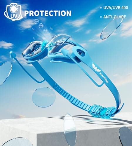 AzureWings 7 in 1 Swim Goggles + Swim Cap for Men Women,No Leak Anti-Fog & UV, Wide Visio HD Mirror PC Lens (light blue) - Thumbnail 3