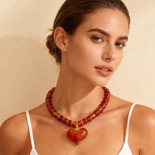 SHANTYSON Amber Chunky Heart Penadnt Necklace for Women Exaggerated Statement Puff Heart Necklaces Acrylic Beaded Chain Jewelry Gift - Thumbnail 3