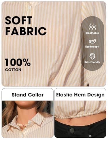 EXLURA Women's 100% Cotton Long Sleeve Crop Tops Summer Striped Collared Button V Neck Pullover Shirt Elastic Hem Y2K Blouse Apricot - Thumbnail 5