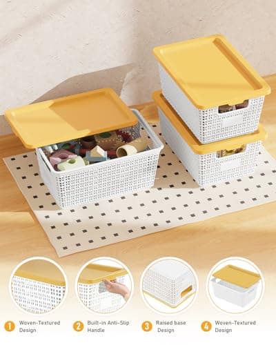 EOENVIVS Storage Bins Bakets with Lids 6 Pack, Stackable Organizer Bins for Small Spaces, Pantry, Closet & Bathroom, Secure Snap Lids, 11x7x5 Plastic Storage Containers for Shelf Organization, White - Thumbnail 3