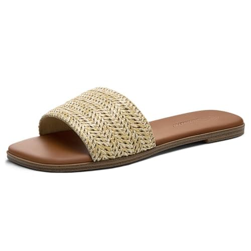 Athlefit Raffia Flat Sandals for Women Dressy Square Open Toe Comfortable Slip On Beach Casual Slide Sandals Apricot Size 11 - Image 1