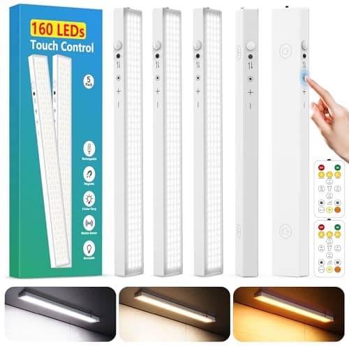 12inch 5Pack Touch Control Under Cabinet Lighting, 160LED Super Bright, 4000mAh Long-Lasting, Magnetic Rechargeable Motion Sensor Under Counter Lights for Kitchen, Closet, Remote, Dimmable, 3CC丨White - Image 1