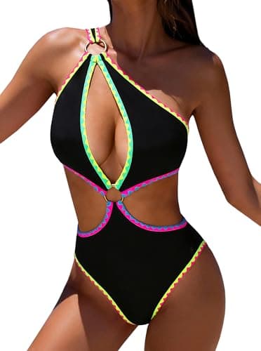 Hilinker Womens Cut Out Sexy One Piece Swimsuit Monokini One Shoulder Tummy Control Bathing Suits Black Geometric X-Small - Image 1