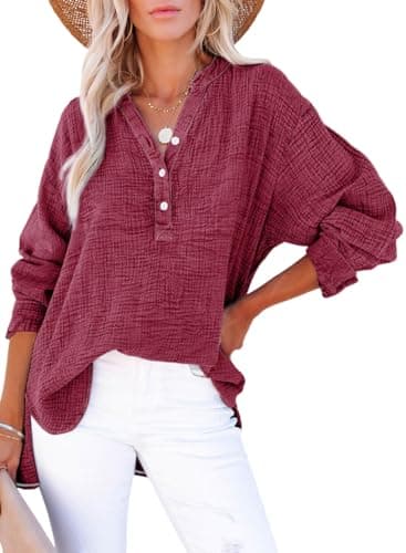 Dokotoo Womens Summer Tops 2026 Fashion Fall 3/4 Button V Neck Long Sleeve Shirts for Women Ladies Side Slit Solid Comfy Cotton Textured Fabrication Oversized Shirt Blouses Cute Tunic Tops Red XL - Image 1
