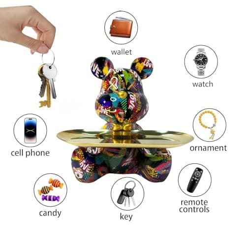 Coniuty Hypebeast Graffiti Bear Sculpture with Tray for Candy and Accessory, Resin Animal Statue Home Decor for Living Room, Office on Table, Shelf and Cabinet (B) - Thumbnail 5