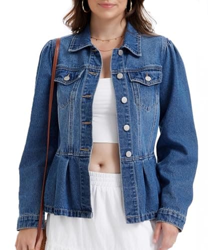 J.Corrine Womens Denim Jacket Peplum Ruffle Hem Jeans Jacket Button Down Casual Trendy Puff Long Sleeve Jean Jackets Dark Blue M - Image 1