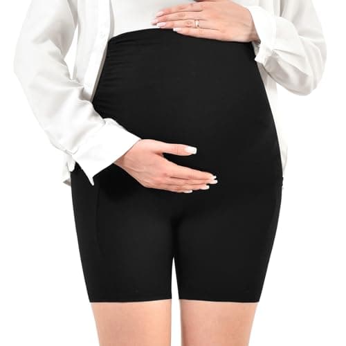 Walifrey Women's Maternity Shorts with Pockets Over The Belly,Pregnancy Yoga Pants Activewear Biker Shorts Casual Black L - Thumbnail 4