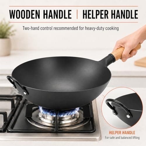 WANGYUANJI 13.4 Inch Round Bottom Carbon Steel Wok, Nitrided Iron Chinese Stir Fry Pan for Gas Wok Burner, Wok Ring Needed for Flat Gas Grates, Wooden Handle - Thumbnail 3