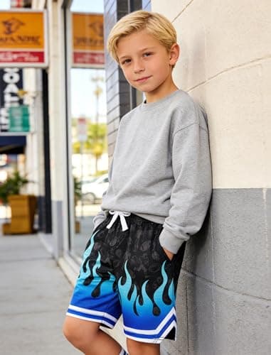 Cozople Boys Sports Shorts Fashion Blue Flame Print Football Shorts Quick Dry UPF Active Shorts with Pockets - Thumbnail 3