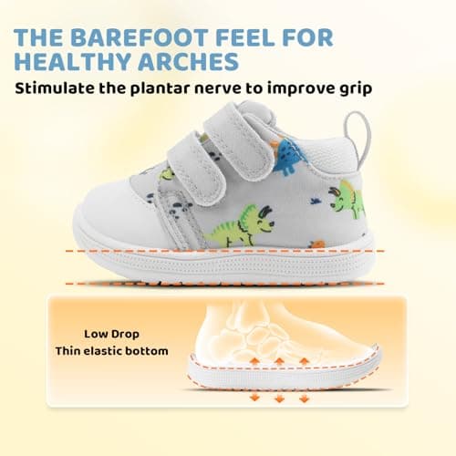 STQ KIDS Wide Toe Box Baby Girls Sneaker Toddler Barefoot Walking Shoes Comfort Infant Tennis Shoe Soft First Walker Non-Slip Mid Top Ankle Support Light Grey Dinosaur 6-9 Months Infant Size 3 US - Thumbnail 5