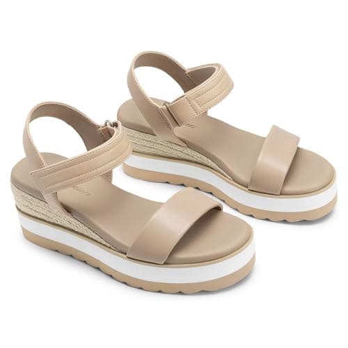 Athlefit Espadrille Wedge Sandals for Women, Open Toe Ankle Strap Low Wedge Heel Platform Sandals for Summer, Nude Size 7.5, SAPS2617W - Thumbnail 4