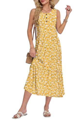 WNEEDU Women Summer Sleeveless Midi Dresses Button Front Sundress with Pockets(YE S Floral,S) - Image 1