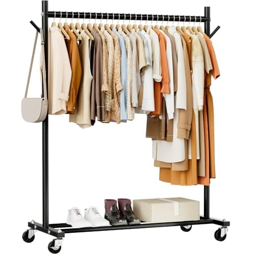 Clothes Rack, 3-in-1 Clothing Rack for Hanging Clothes, Rolling Garment Rack with Coat/Hat Hooks, Portable Coat Rack, Sturdy Wardrobe Rack Metal Closet Rack 280LBS for Bedroom Living Room, Black - Image 1