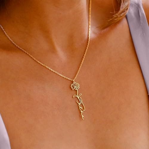 coobopet Custom Name Necklace with Birth Flower Customized 14K Gold Name Plate Floral Pendant Necklaces Personalized Jewelry Bridesmaids Wedding Christmas Birthday Gift for Women - Thumbnail 3