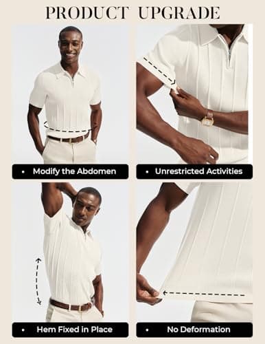 PJ PAUL JONES Mens Knit Polo Shirt Casual Short Sleeve Shirts Breathable Textured Summer Tops for Business Ivory S - Thumbnail 4