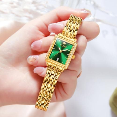 OLEVS Watch Women Gold Watches for Women Rectangle Green Face Waterproof Stainless Steel Small Wrist Womens Watch Dainty Elegant Analog Quartz Ladies Watches Reloj para Mujer - Thumbnail 4