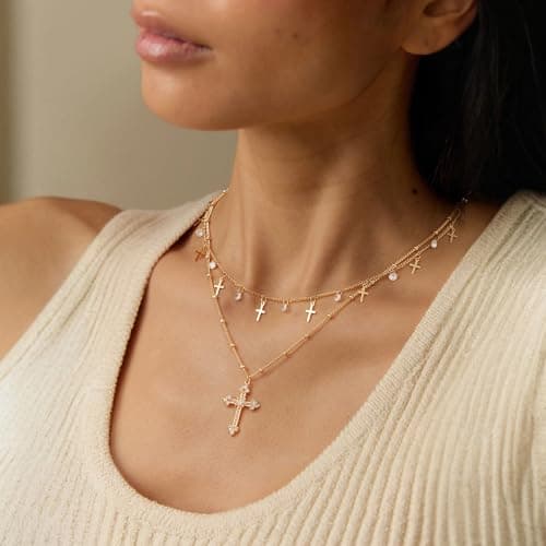 MTMY Gold Choker Necklace for Women 14K Gold Plated Cubic Zirconia Cross Heart Shell Teardrop Charm Station Choker Necklace Dainty CZ Chain Necklaces for Women Summer Jewelry Gifts(Cross) - Thumbnail 4